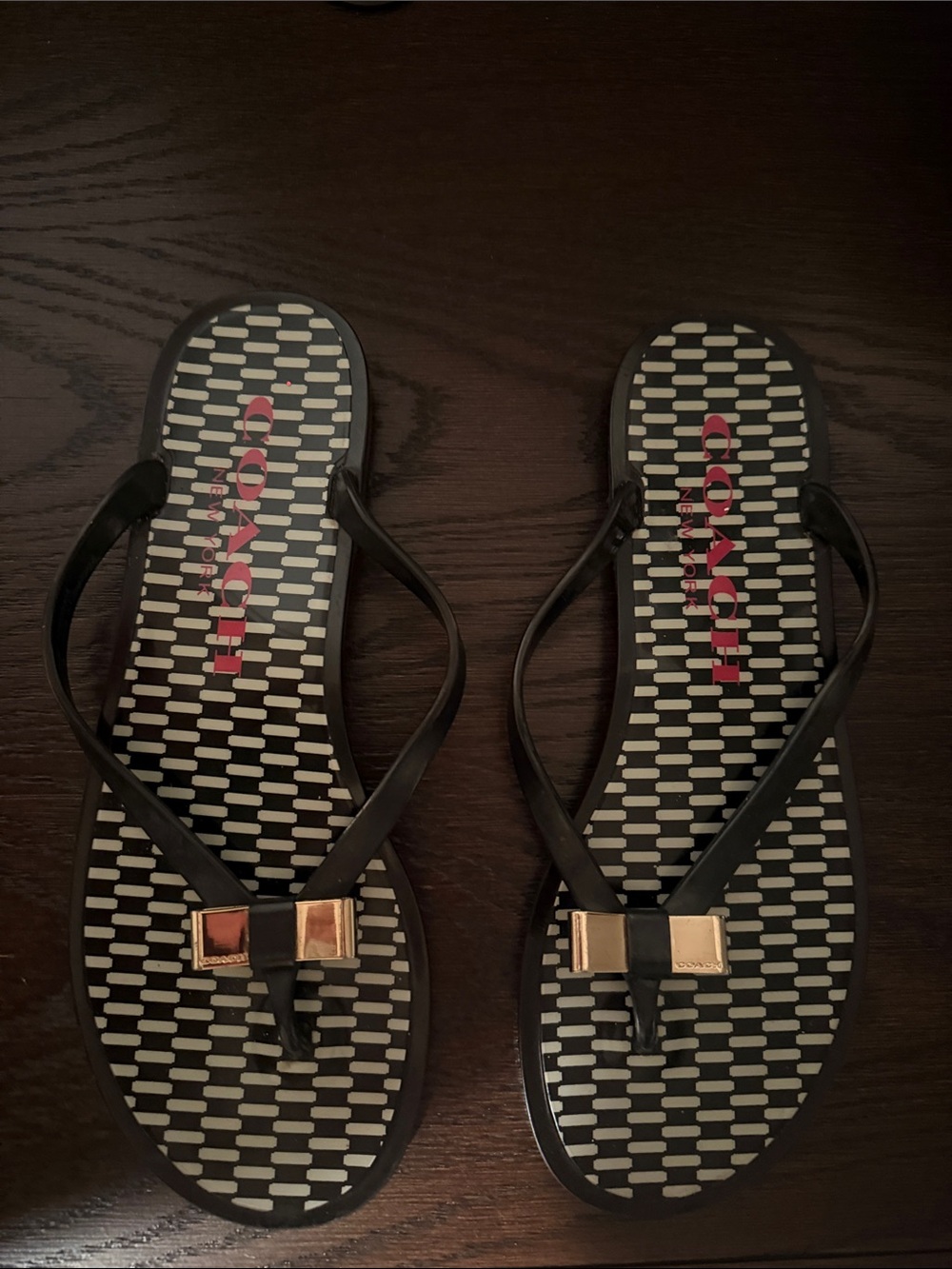 COACH Black Sandal Flip-Flops with Gold Bow Accent